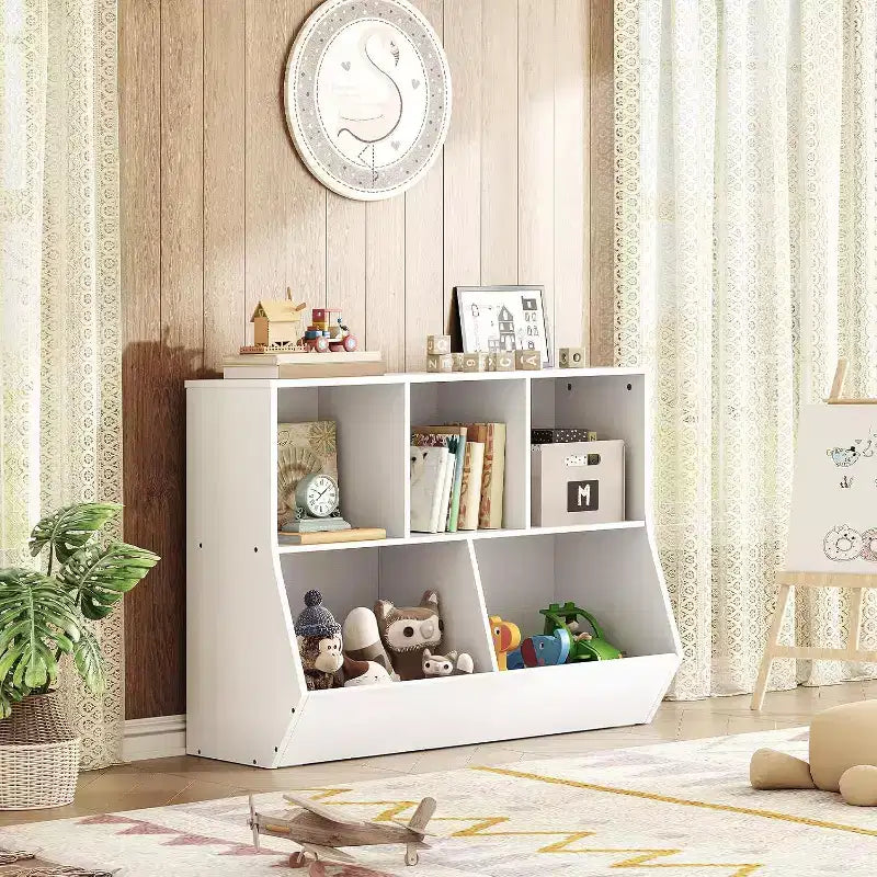 ACOINEL 35.4 Kids Bookshelf with Bookcase Footboard - Toy Storage Cubby, Children's Toy Shelf & 5-Cubby Storage Cabinet