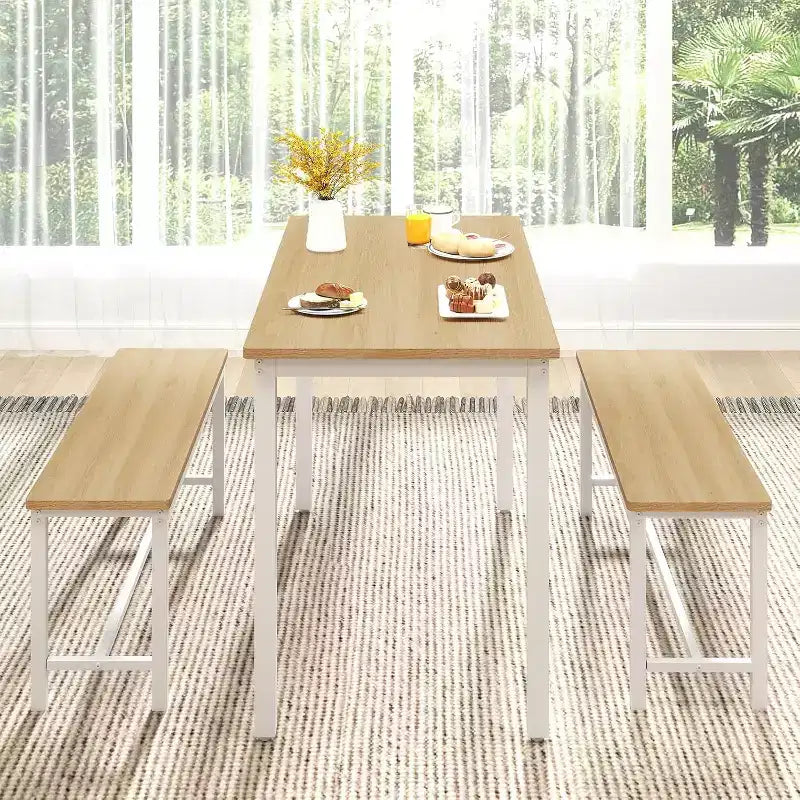 MooxvMoo 43 Dining Table Set, Bar Table with 2 Dining Benches, Industrial Table Counter for Kitchen Breakfast Table, Living Room, Party Room, White