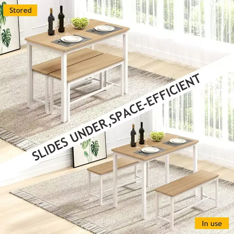MooxvMoo 43 Dining Table Set, Bar Table with 2 Dining Benches, Industrial Table Counter for Kitchen Breakfast Table, Living Room, Party Room, White