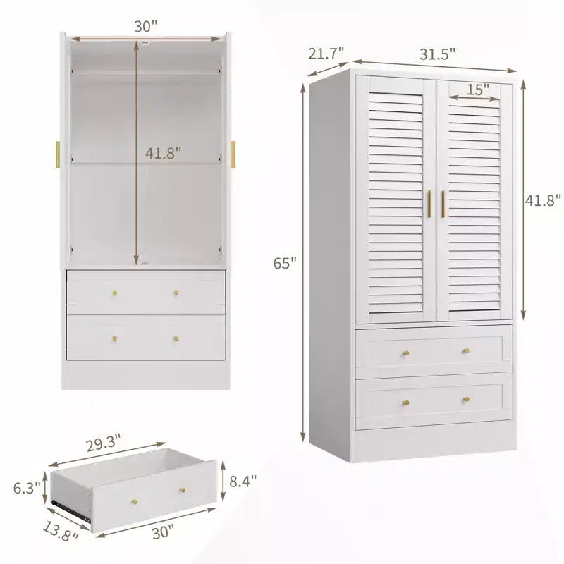 65 Louvered Armoire Wardrobe Closet, Wood Clothing Storage Cabinets with 2 Doors and 2 Drawers, Wardrobe Closet with Hanging Rod for Bedroom