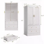 65 Louvered Armoire Wardrobe Closet, Wood Clothing Storage Cabinets with 2 Doors and 2 Drawers, Wardrobe Closet with Hanging Rod for Bedroom