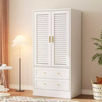 65 Louvered Armoire Wardrobe Closet, Wood Clothing Storage Cabinets with 2 Doors and 2 Drawers, Wardrobe Closet with Hanging Rod for Bedroom