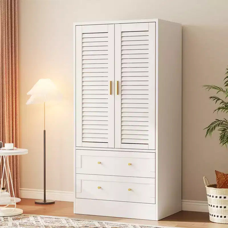 65 Louvered Armoire Wardrobe Closet, Wood Clothing Storage Cabinets with 2 Doors and 2 Drawers, Wardrobe Closet with Hanging Rod for Bedroom