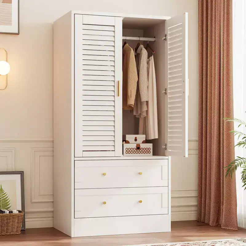 65 Louvered Armoire Wardrobe Closet, Wood Clothing Storage Cabinets with 2 Doors and 2 Drawers, Wardrobe Closet with Hanging Rod for Bedroom