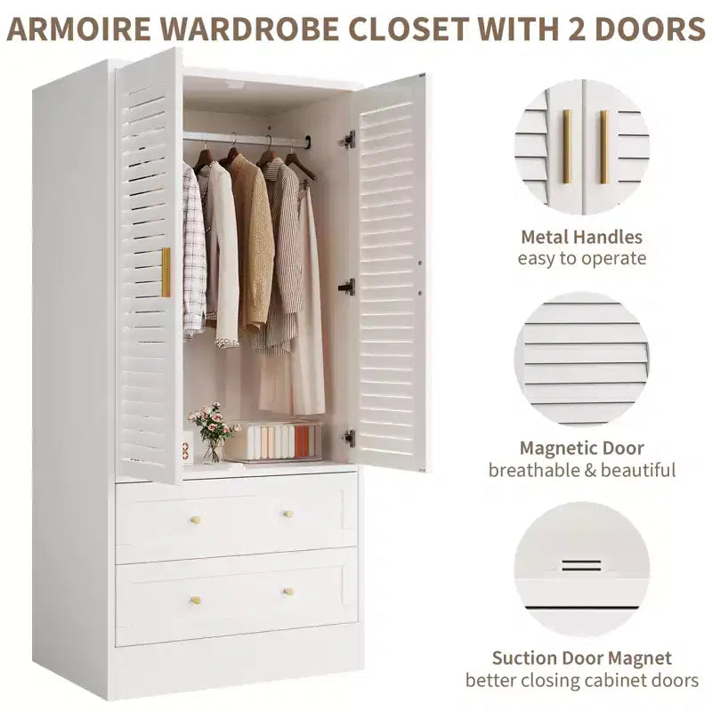 65 Louvered Armoire Wardrobe Closet, Wood Clothing Storage Cabinets with 2 Doors and 2 Drawers, Wardrobe Closet with Hanging Rod for Bedroom