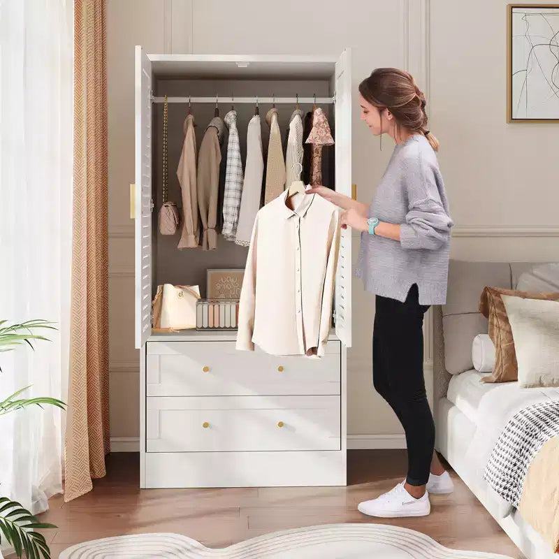 65 Louvered Armoire Wardrobe Closet, Wood Clothing Storage Cabinets with 2 Doors and 2 Drawers, Wardrobe Closet with Hanging Rod for Bedroom