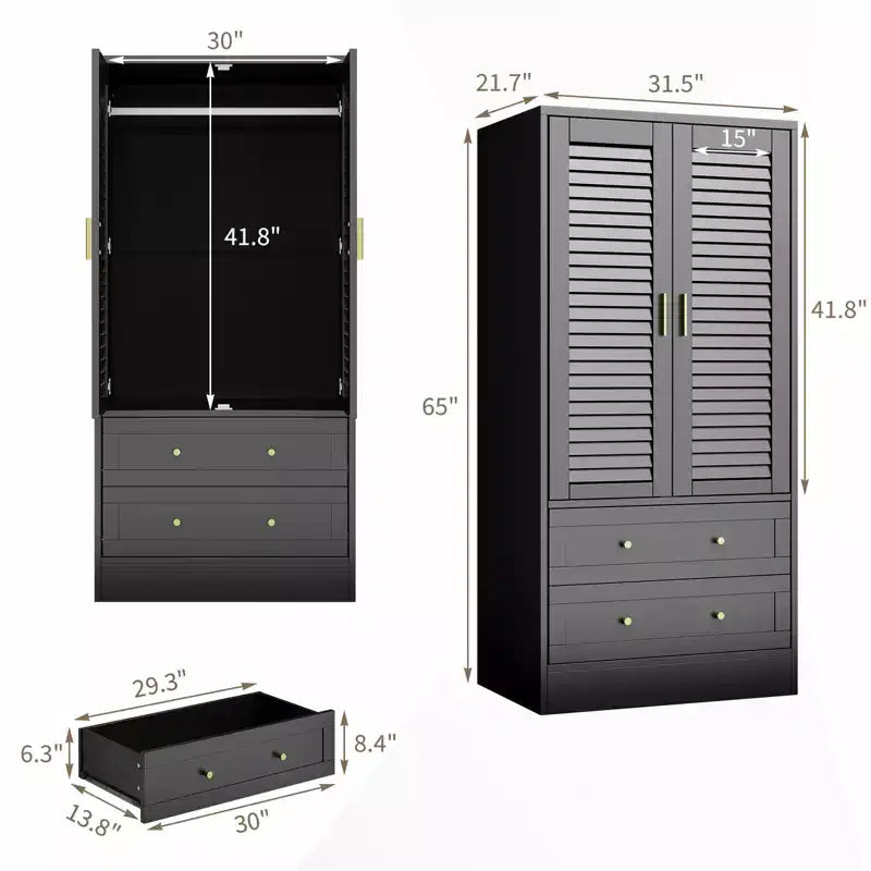 65 Louvered Armoire Wardrobe Closet, Wood Clothing Storage Cabinets with 2 Doors and 2 Drawers, Wardrobe Closet with Hanging Rod for Bedroom