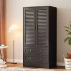 65 Louvered Armoire Wardrobe Closet, Wood Clothing Storage Cabinets with 2 Doors and 2 Drawers, Wardrobe Closet with Hanging Rod for Bedroom