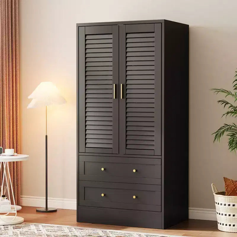 65 Louvered Armoire Wardrobe Closet, Wood Clothing Storage Cabinets with 2 Doors and 2 Drawers, Wardrobe Closet with Hanging Rod for Bedroom
