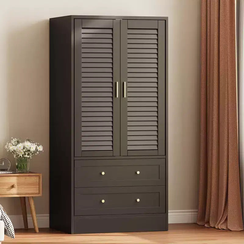 65 Louvered Armoire Wardrobe Closet, Wood Clothing Storage Cabinets with 2 Doors and 2 Drawers, Wardrobe Closet with Hanging Rod for Bedroom