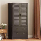 65 Louvered Armoire Wardrobe Closet, Wood Clothing Storage Cabinets with 2 Doors and 2 Drawers, Wardrobe Closet with Hanging Rod for Bedroom