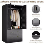 65 Louvered Armoire Wardrobe Closet, Wood Clothing Storage Cabinets with 2 Doors and 2 Drawers, Wardrobe Closet with Hanging Rod for Bedroom