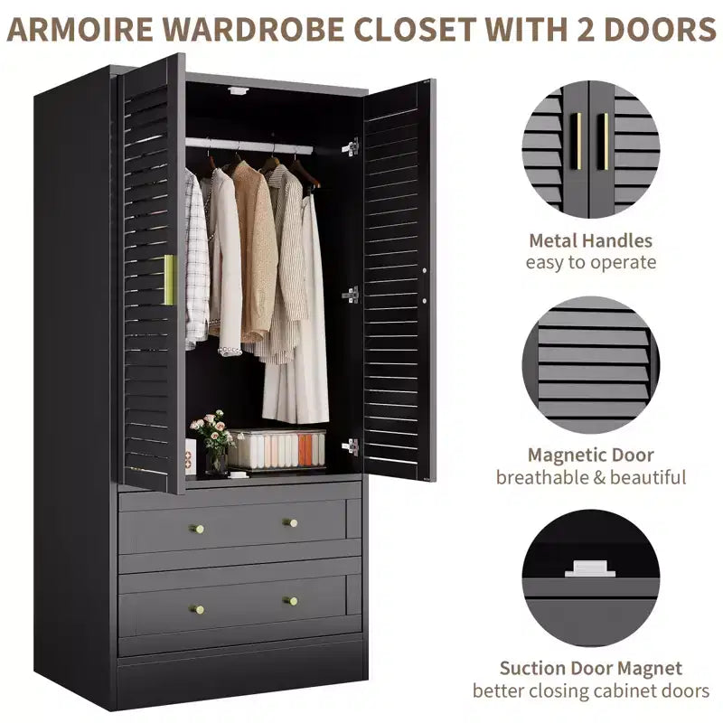 65 Louvered Armoire Wardrobe Closet, Wood Clothing Storage Cabinets with 2 Doors and 2 Drawers, Wardrobe Closet with Hanging Rod for Bedroom