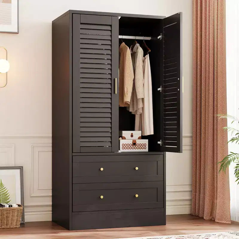 65 Louvered Armoire Wardrobe Closet, Wood Clothing Storage Cabinets with 2 Doors and 2 Drawers, Wardrobe Closet with Hanging Rod for Bedroom