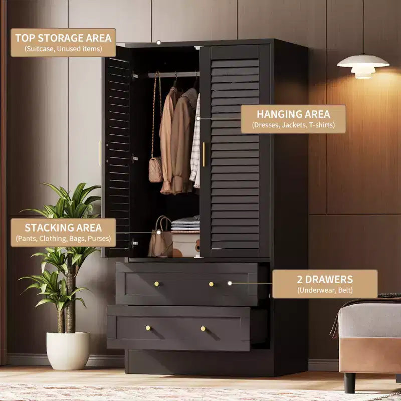65 Louvered Armoire Wardrobe Closet, Wood Clothing Storage Cabinets with 2 Doors and 2 Drawers, Wardrobe Closet with Hanging Rod for Bedroom