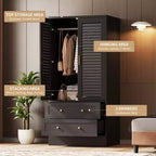 65 Louvered Armoire Wardrobe Closet, Wood Clothing Storage Cabinets with 2 Doors and 2 Drawers, Wardrobe Closet with Hanging Rod for Bedroom