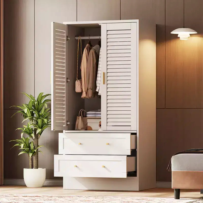 65 Louvered Armoire Wardrobe Closet, Wood Clothing Storage Cabinets with 2 Doors and 2 Drawers, Wardrobe Closet with Hanging Rod for Bedroom