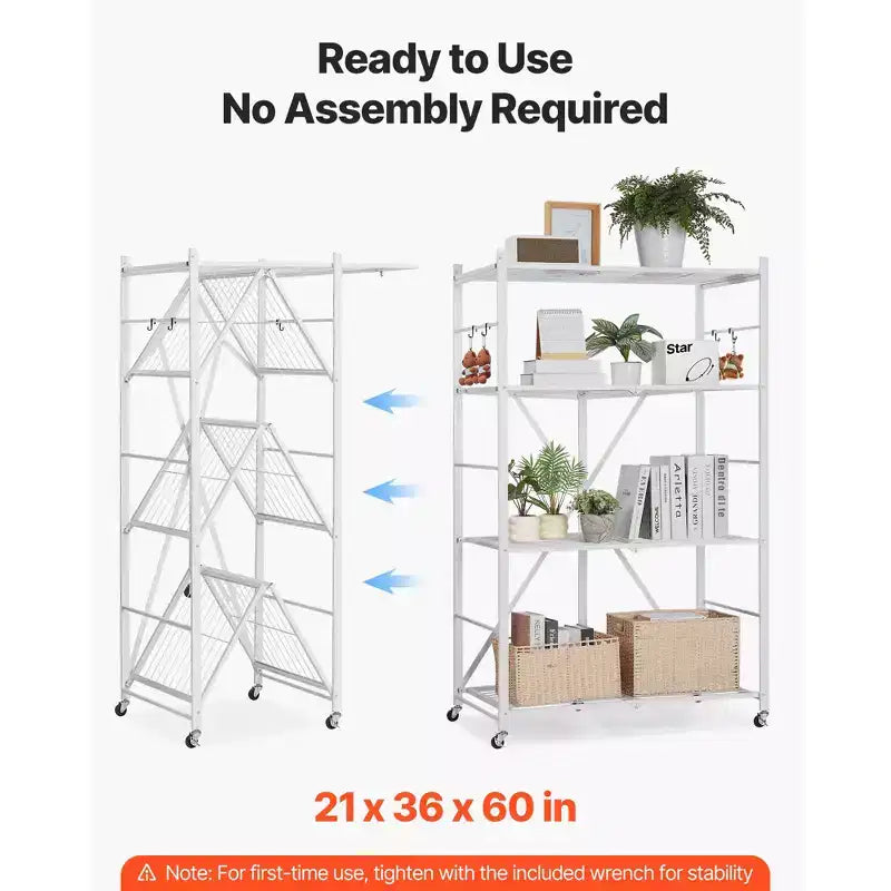 VEVOR 4-Tier Foldable Storage Shelf, 36W x 21D x 60 H Inch Folding Metal Rack Shelving Unit, No Assembly Organizer Shelf with 5 Wheels&4 Hooks,White