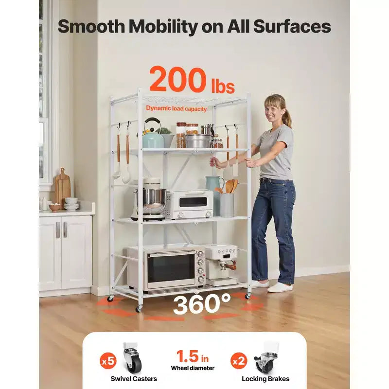 VEVOR 4-Tier Foldable Storage Shelf, 36W x 21D x 60 H Inch Folding Metal Rack Shelving Unit, No Assembly Organizer Shelf with 5 Wheels&4 Hooks,White