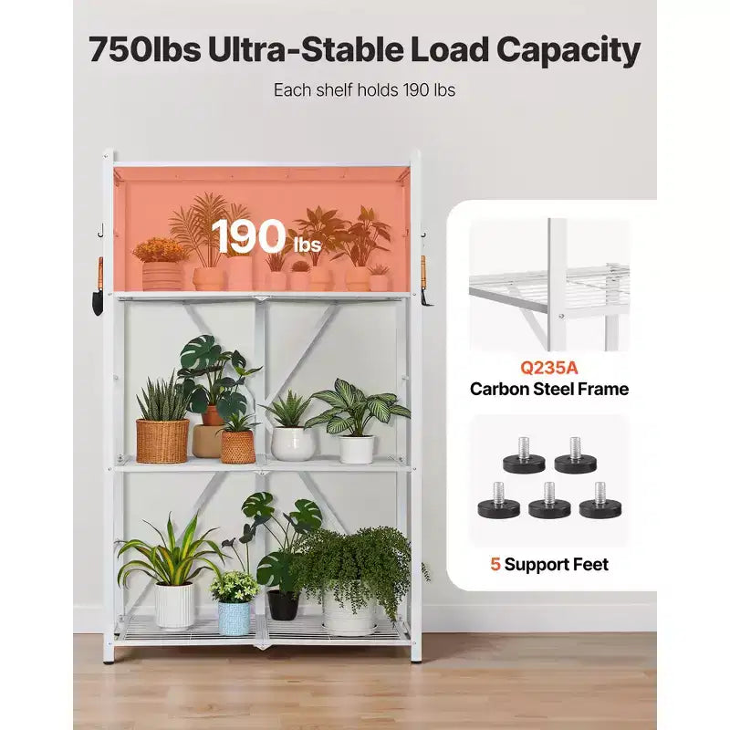 VEVOR 4-Tier Foldable Storage Shelf, 36W x 21D x 60 H Inch Folding Metal Rack Shelving Unit, No Assembly Organizer Shelf with 5 Wheels&4 Hooks,White