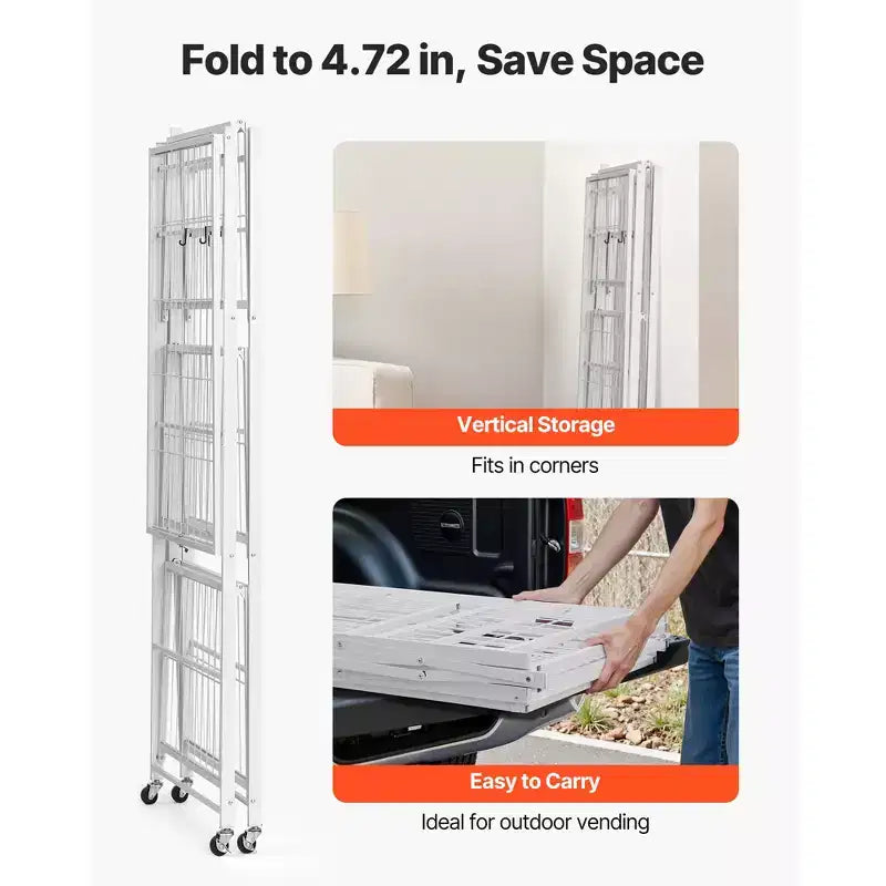 VEVOR 4-Tier Foldable Storage Shelf, 36W x 21D x 60 H Inch Folding Metal Rack Shelving Unit, No Assembly Organizer Shelf with 5 Wheels&4 Hooks,White
