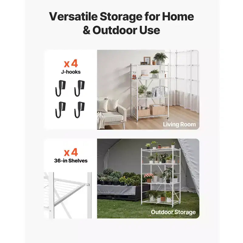 VEVOR 4-Tier Foldable Storage Shelf, 36W x 21D x 60 H Inch Folding Metal Rack Shelving Unit, No Assembly Organizer Shelf with 5 Wheels&4 Hooks,White