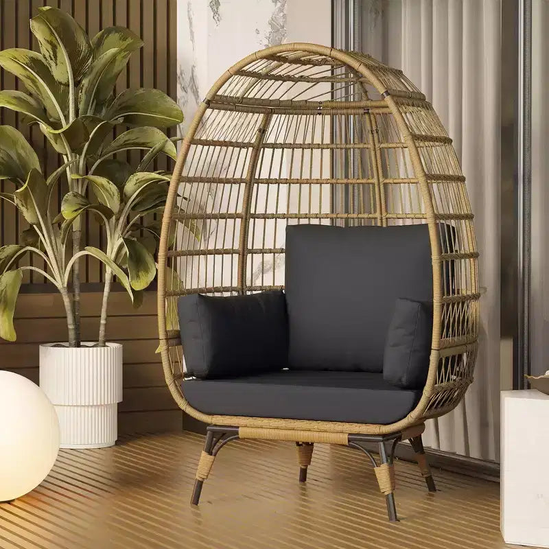 Wicker Egg Chair with Soft Cushion and Steel Frame, Rattan Patio Lounge Chairs for Patio, Backyard, Living Room, Bedroom