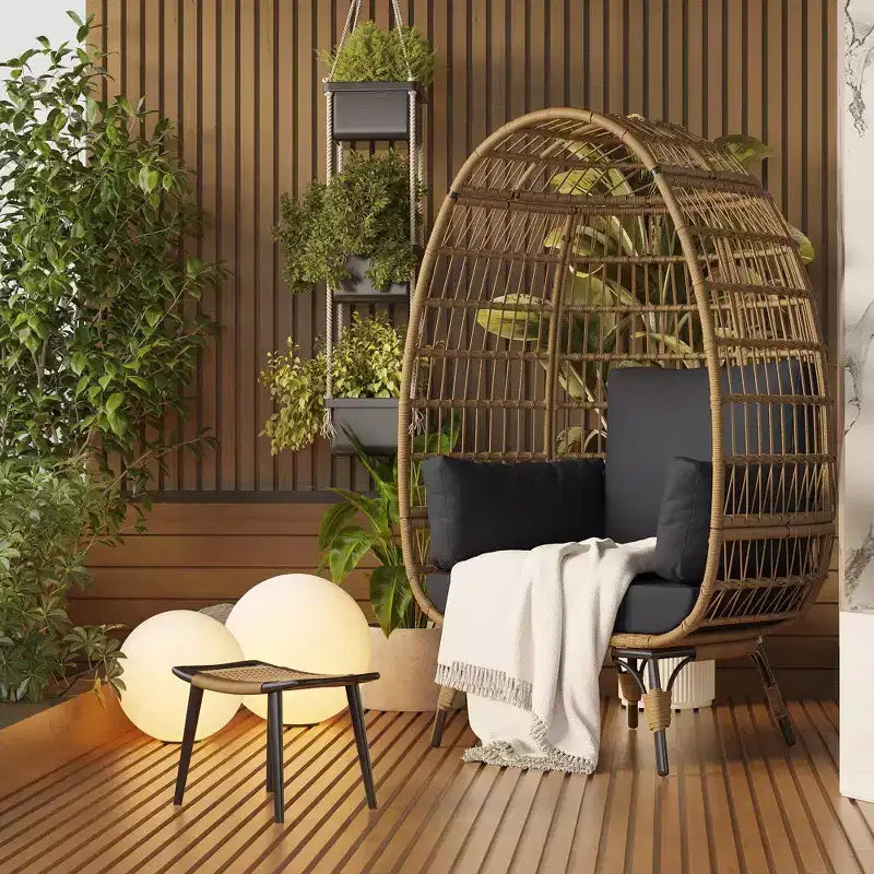 Wicker Egg Chair with Soft Cushion and Steel Frame, Rattan Patio Lounge Chairs for Patio, Backyard, Living Room, Bedroom