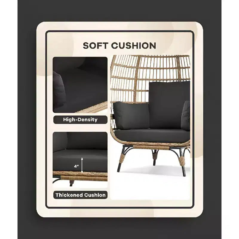 Wicker Egg Chair with Soft Cushion and Steel Frame, Rattan Patio Lounge Chairs for Patio, Backyard, Living Room, Bedroom