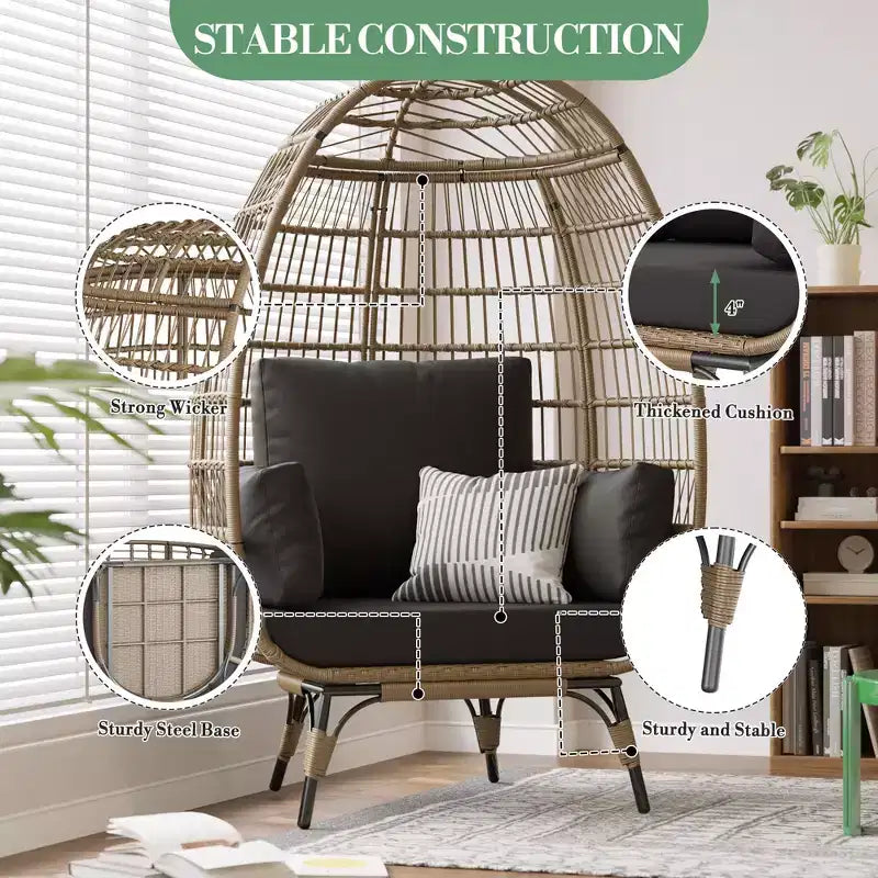 Wicker Egg Chair with Soft Cushion and Steel Frame, Rattan Patio Lounge Chairs for Patio, Backyard, Living Room, Bedroom