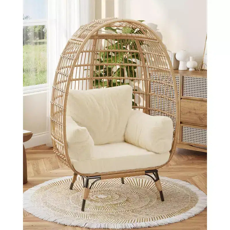 Wicker Egg Chair with Soft Cushion and Steel Frame, Rattan Patio Lounge Chairs for Patio, Backyard, Living Room, Bedroom