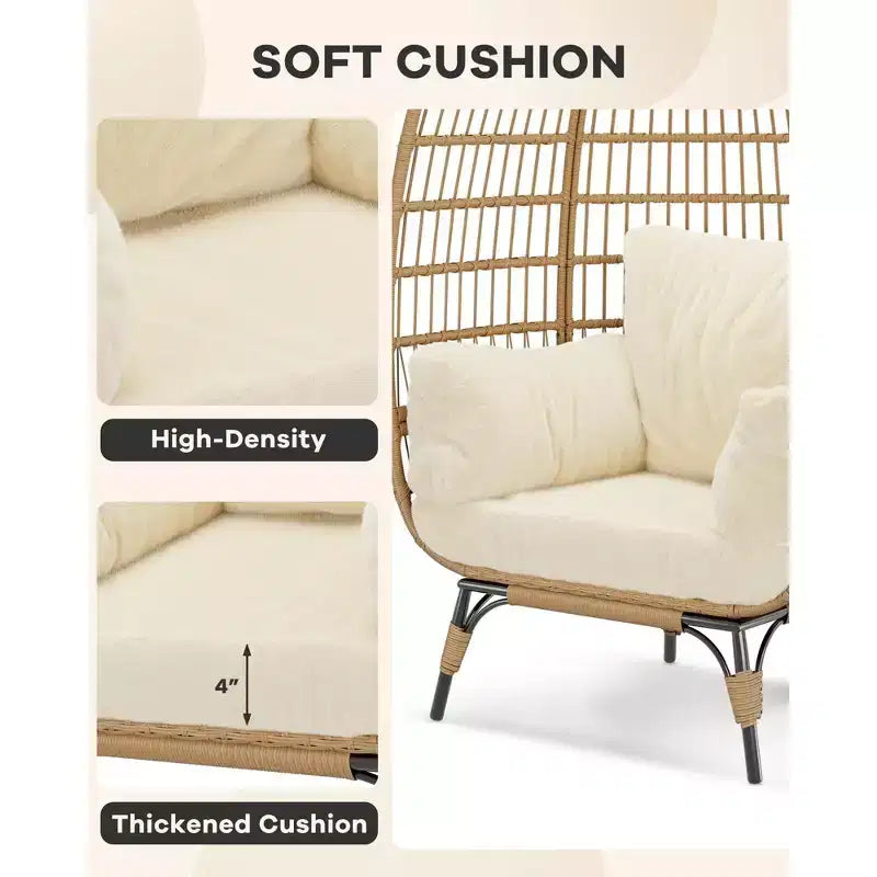 Wicker Egg Chair with Soft Cushion and Steel Frame, Rattan Patio Lounge Chairs for Patio, Backyard, Living Room, Bedroom