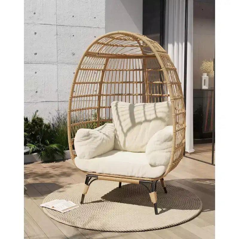 Wicker Egg Chair with Soft Cushion and Steel Frame, Rattan Patio Lounge Chairs for Patio, Backyard, Living Room, Bedroom