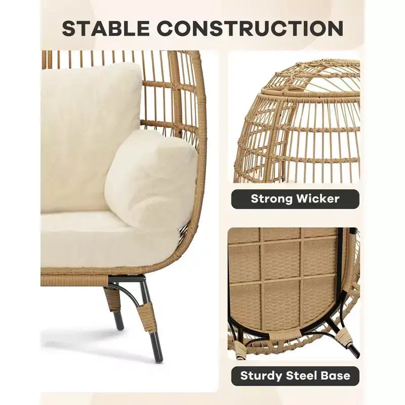 Wicker Egg Chair with Soft Cushion and Steel Frame, Rattan Patio Lounge Chairs for Patio, Backyard, Living Room, Bedroom