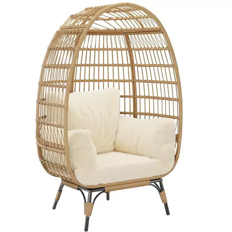 Wicker Egg Chair with Soft Cushion and Steel Frame, Rattan Patio Lounge Chairs for Patio, Backyard, Living Room, Bedroom