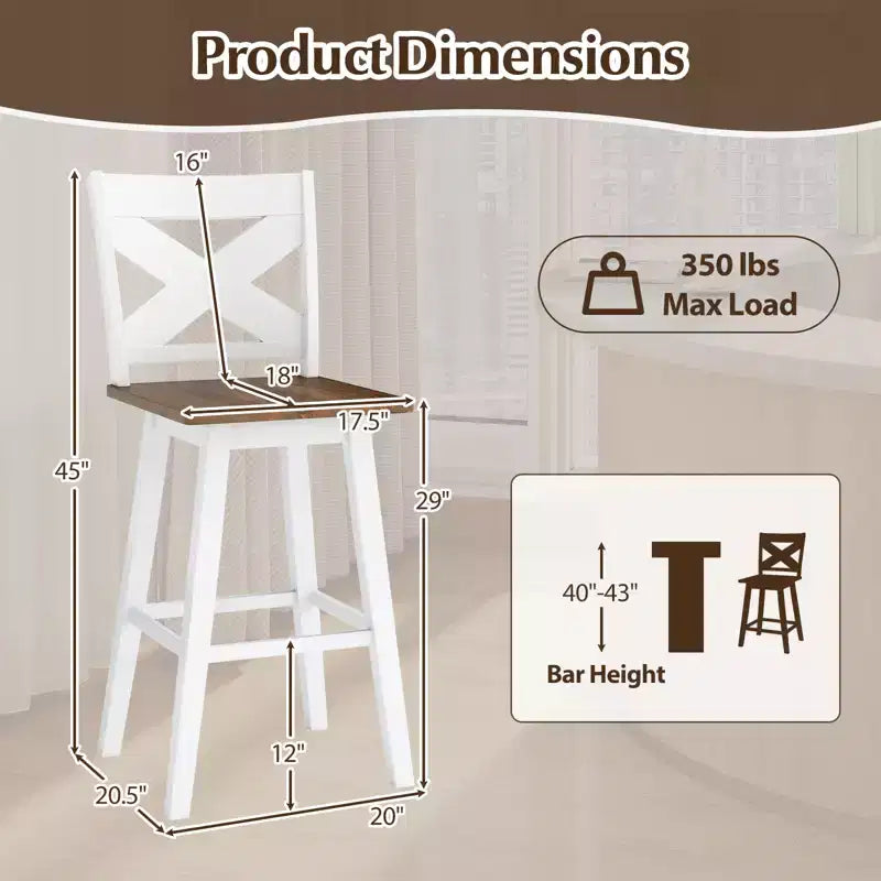 Costway 29'' Swivel Barstools Set of 2 w/Backrest Large Seat Footrest for Kitchen Island