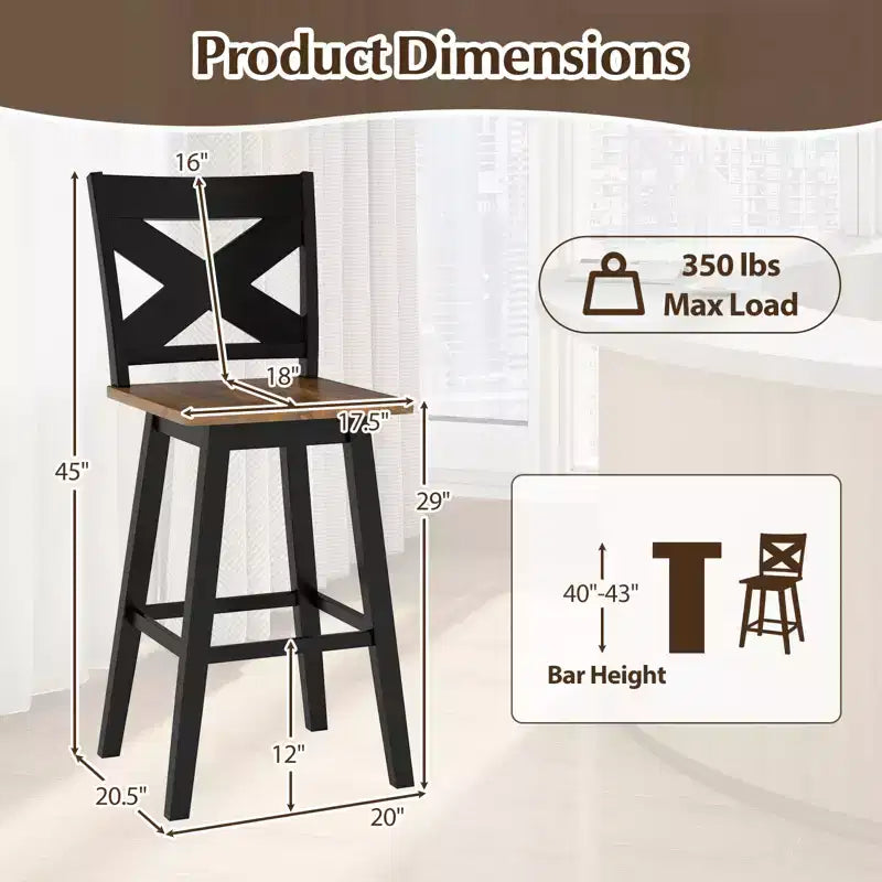 Costway 29'' Swivel Barstools Set of 2 w/Backrest Large Seat Footrest for Kitchen Island