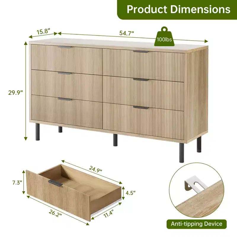 Wave Fluted 5 Drawer Dresser for Bedroom, Modern Wood Chest of Drawers with Wide Drawers, Wood Nursery Dresser with Metal Legs for Hallway Entryway
