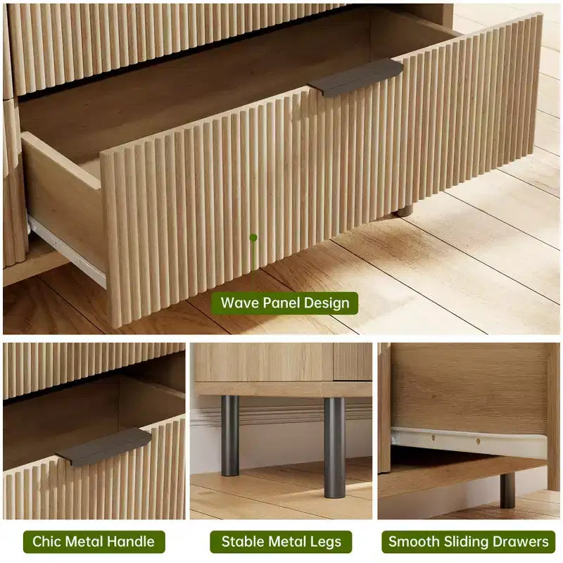 Wave Fluted 5 Drawer Dresser for Bedroom, Modern Wood Chest of Drawers with Wide Drawers, Wood Nursery Dresser with Metal Legs for Hallway Entryway