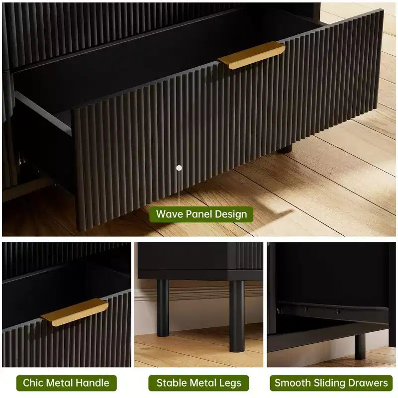 Wave Fluted 5 Drawer Dresser for Bedroom, Modern Wood Chest of Drawers with Wide Drawers, Wood Nursery Dresser with Metal Legs for Hallway Entryway