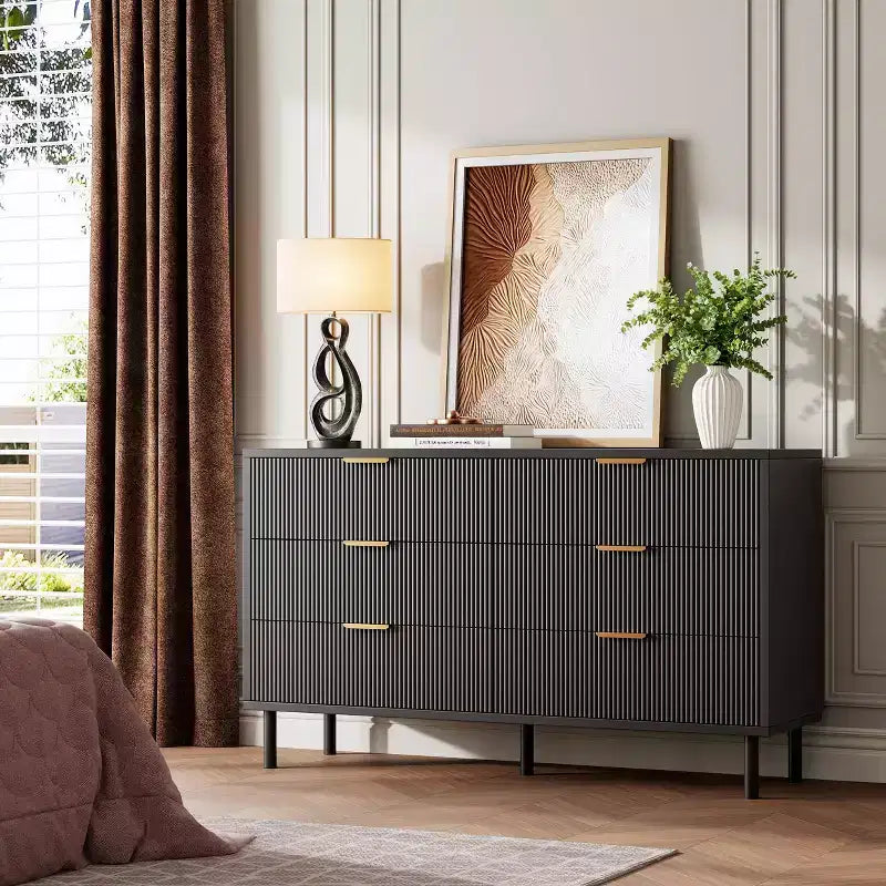 Wave Fluted 5 Drawer Dresser for Bedroom, Modern Wood Chest of Drawers with Wide Drawers, Wood Nursery Dresser with Metal Legs for Hallway Entryway