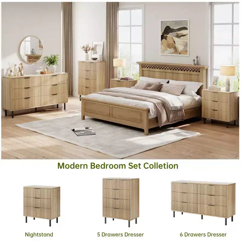 Wave Fluted 5 Drawer Dresser for Bedroom, Modern Wood Chest of Drawers with Wide Drawers, Wood Nursery Dresser with Metal Legs for Hallway Entryway