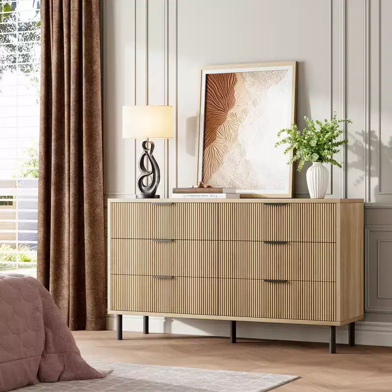 Wave Fluted 5 Drawer Dresser for Bedroom, Modern Wood Chest of Drawers with Wide Drawers, Wood Nursery Dresser with Metal Legs for Hallway Entryway