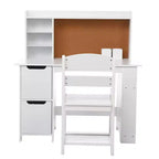 White Study Desk and Chair Set with Bookshelf, Bulletin Board, and Cabinets - Ideal for Boys and Girls Ages 3-8