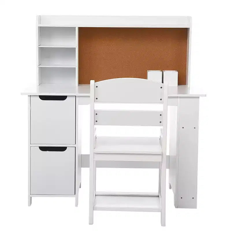 White Study Desk and Chair Set with Bookshelf, Bulletin Board, and Cabinets - Ideal for Boys and Girls Ages 3-8