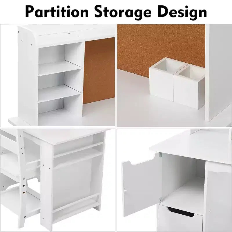 White Study Desk and Chair Set with Bookshelf, Bulletin Board, and Cabinets - Ideal for Boys and Girls Ages 3-8