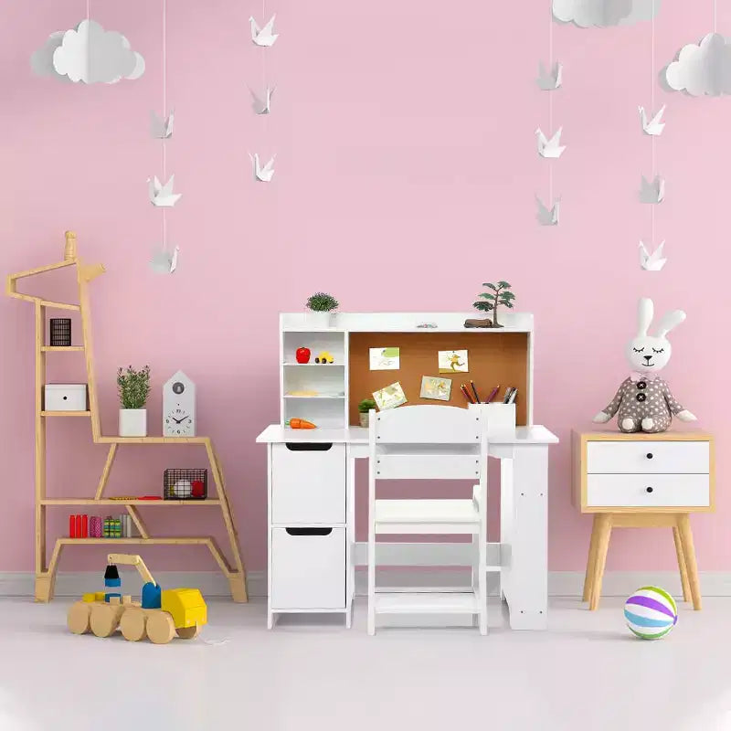 White Study Desk and Chair Set with Bookshelf, Bulletin Board, and Cabinets - Ideal for Boys and Girls Ages 3-8
