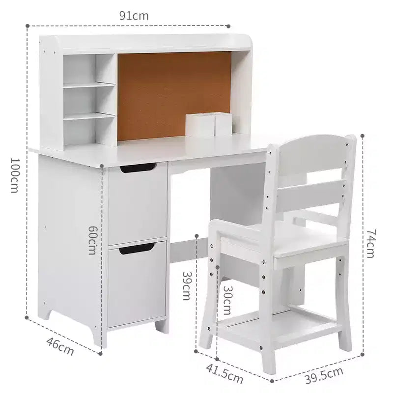 White Study Desk and Chair Set with Bookshelf, Bulletin Board, and Cabinets - Ideal for Boys and Girls Ages 3-8