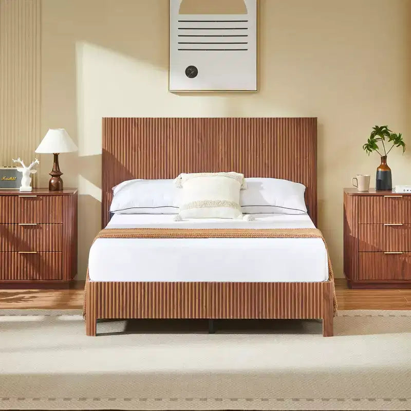 Full/Queen/King Size Wood Platform Bed Frame with Corrugated Accents - ModernLuxe