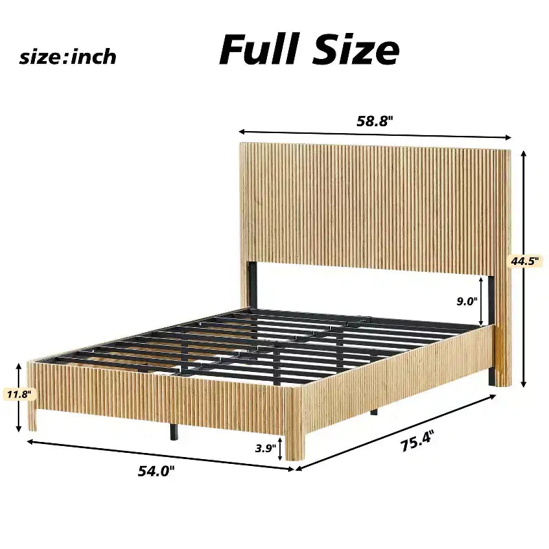 Full/Queen/King Size Wood Platform Bed Frame with Corrugated Accents - ModernLuxe